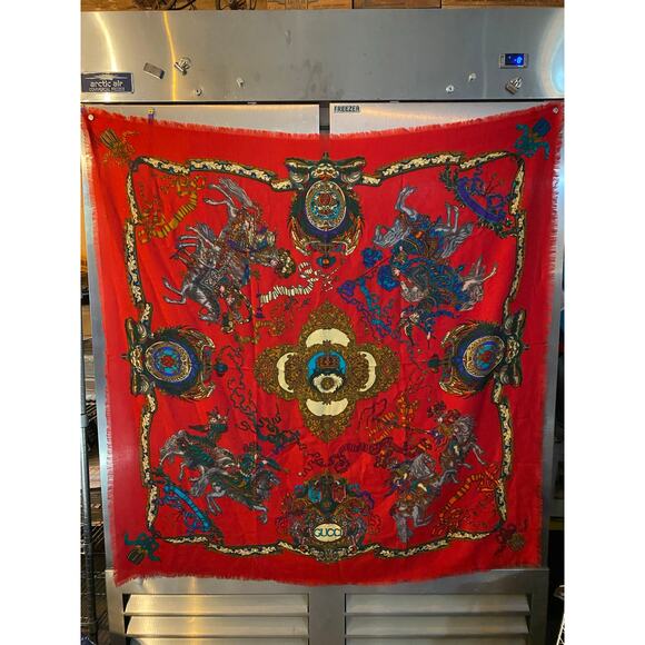 Gucci 100% Wool Shawl Ornate Equestrian Red - Picture 1 of 7